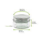 Round reusable jar glass with aluminium cap 3.3oz D:2.75in W:2.9in H:1.69in - 90 pcs Round reusable jar glass with aluminium cap 3.3oz D:2.75in W:2.9in H:1.69in - 90 pcs